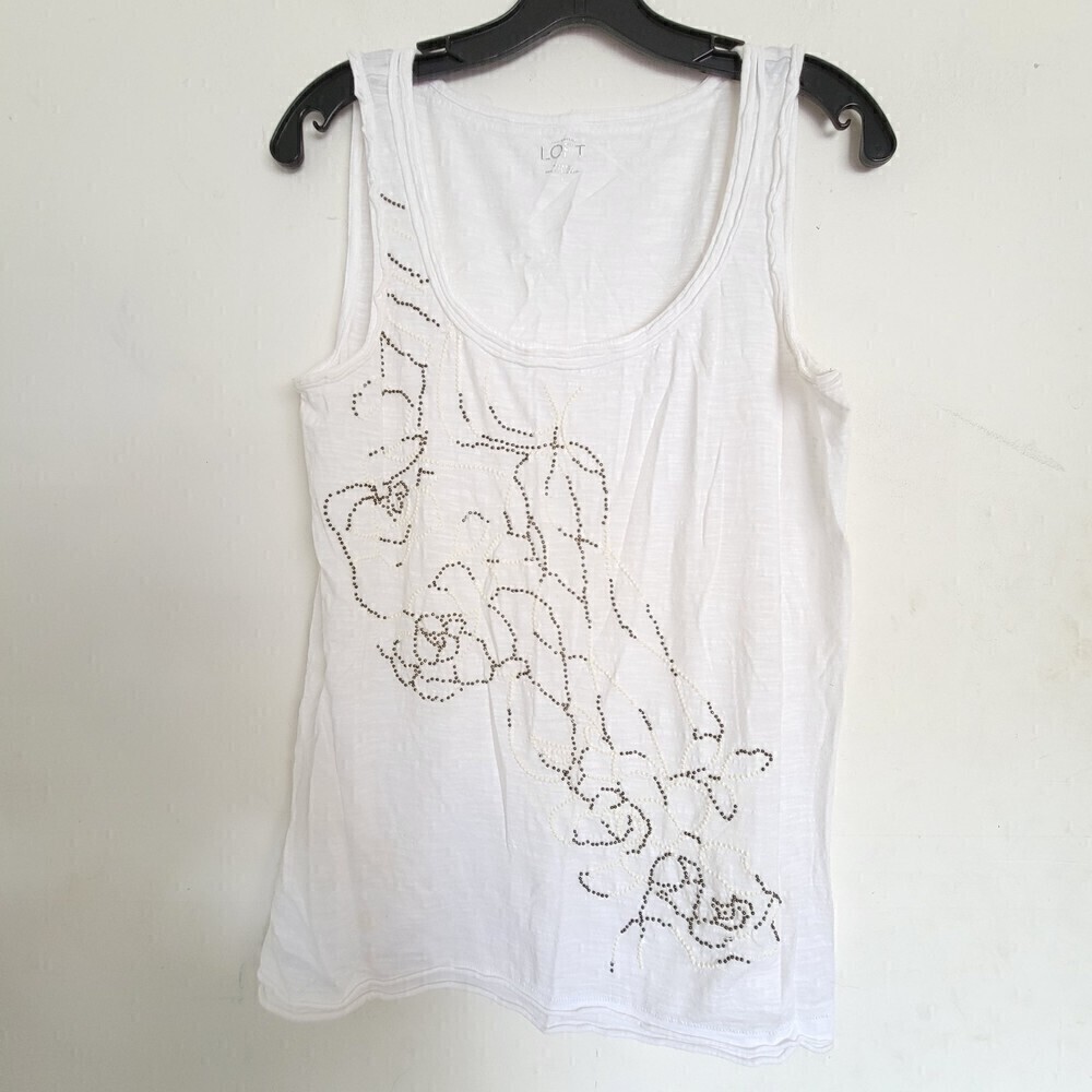 Ann Taylor Loft Bronze Beaded Floral White 100% Cotton Sleeveless Tank Blouse Sm